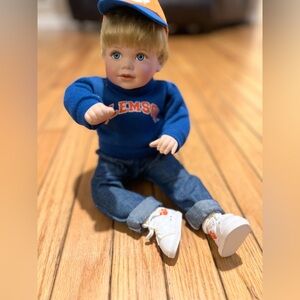 Clemson Tigers Elke Hutchens Porcelain Doll Baby Boy   Blonde Hair Blue Eyes 18”